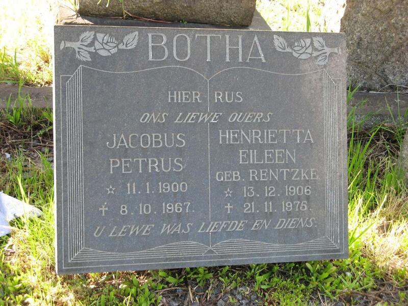 BOTHA Jacobus Petrus 1900-1967 & Henrietta Eileen RENTZKE 1906-1976