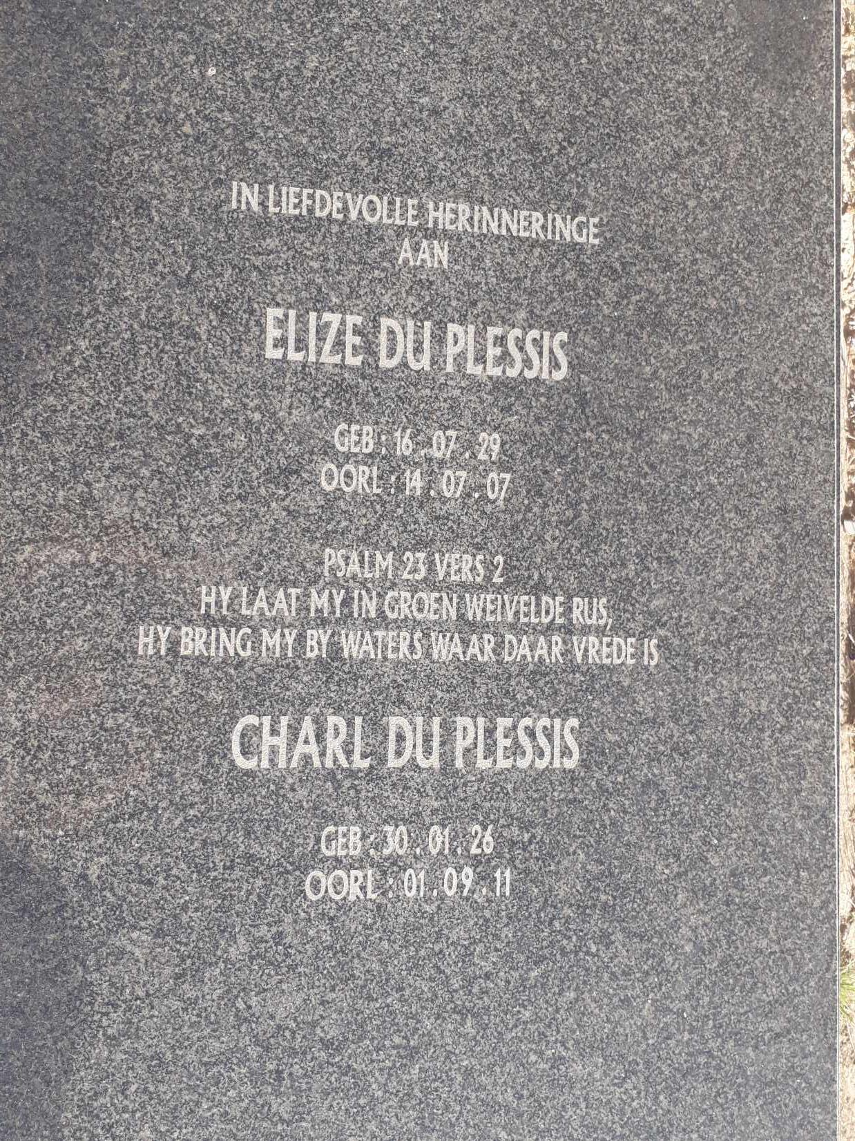 PLESSIS Charl, du 1926-2011 & Elize 1929-2007
