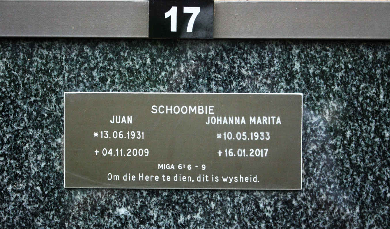 SCHOOMBIE Juan 1931-2009 & Johanna Marita 1933-2017