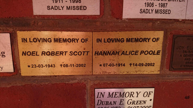 SCOTT Noel Robert 1943-2002 :: POOLE Hannah Alice 1914-2002