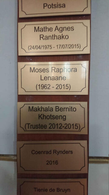RANTHAKO Mathe Agnes 1975-2015 :: LENAANE Moses Raphora 1962-2015 :: KHOTSENG Makhala Bernito