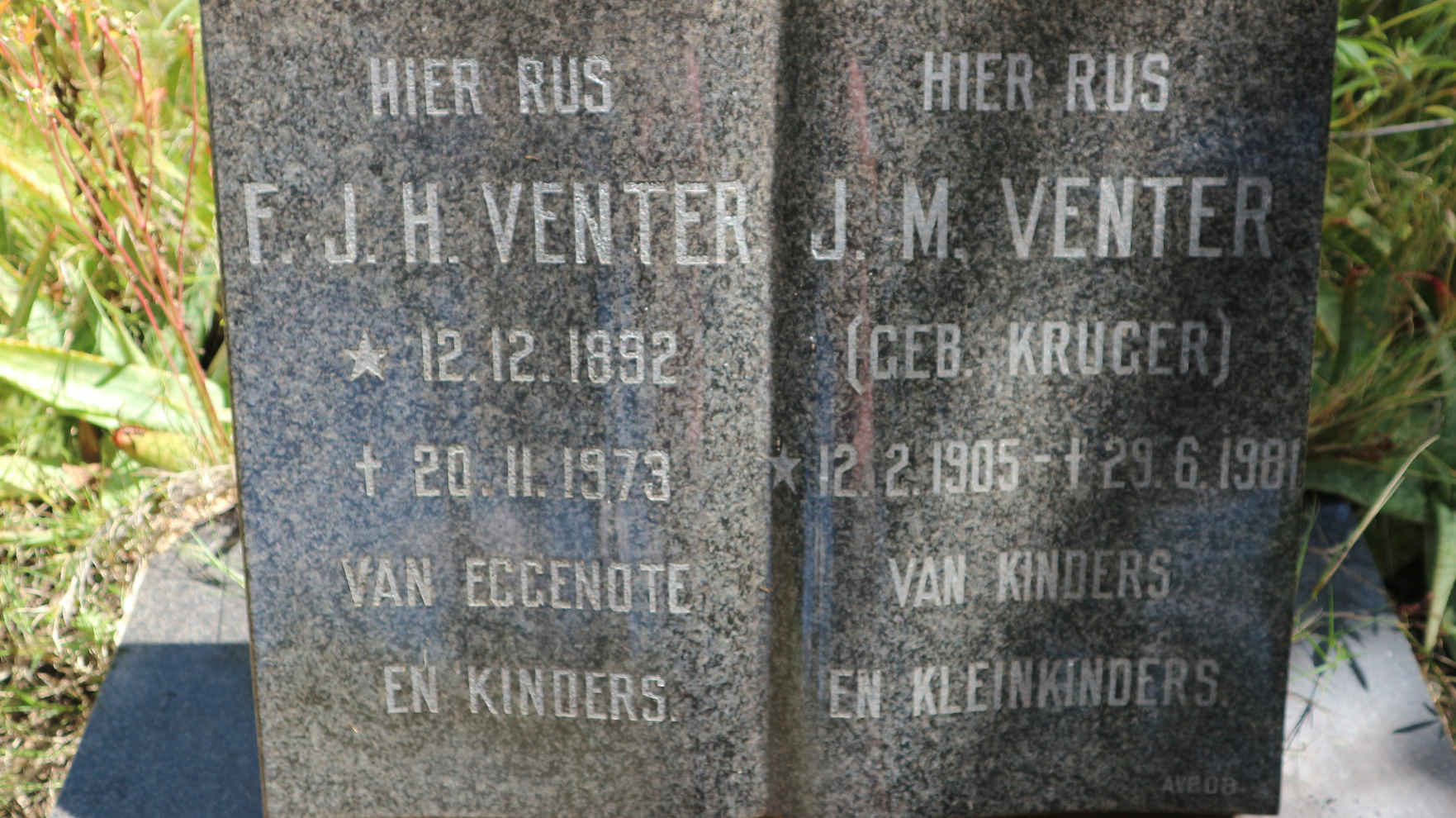 VENTER F.J.H. 1892-1973 & J.M. KRUGER 1905-1981