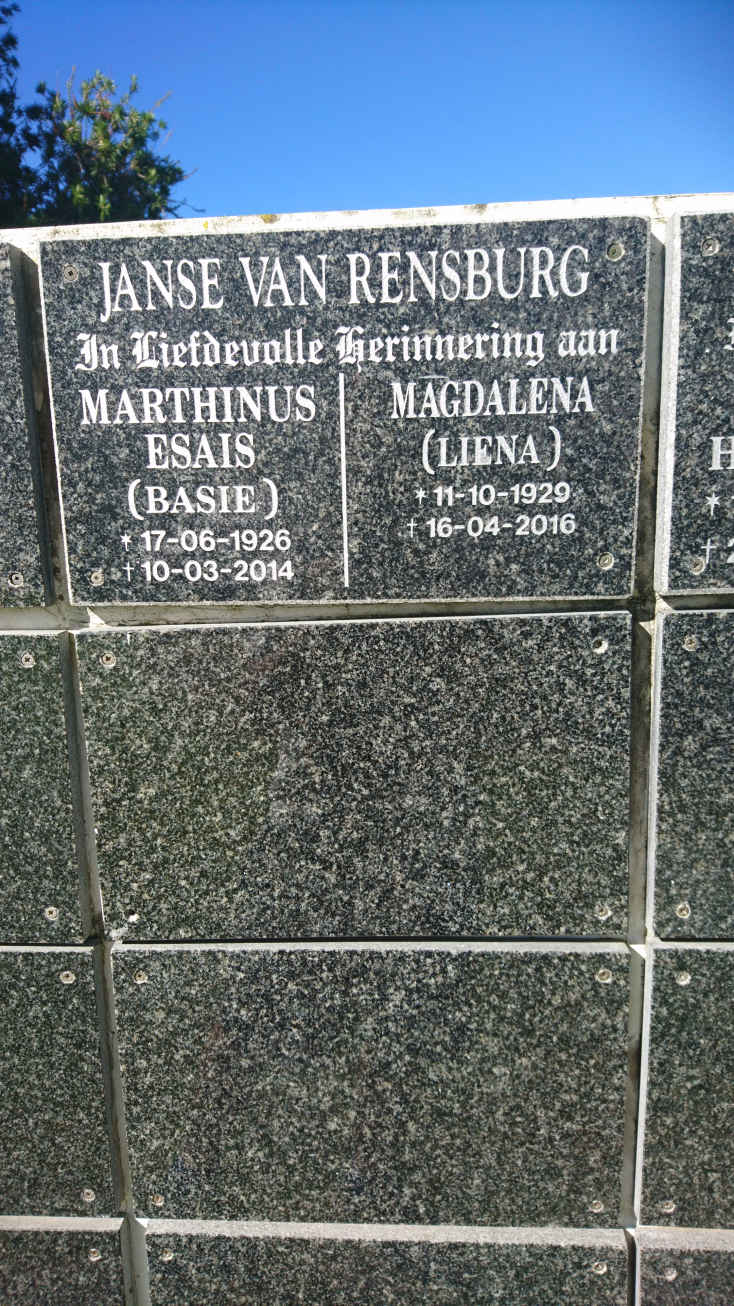 RENSBURG Marthinus Esias, Janse van 1926-2014 & Magdalena 1929-2016