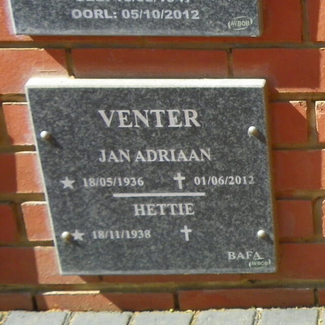 VENTER Jan Adriaan 1936-2012 & Hettie 1938-