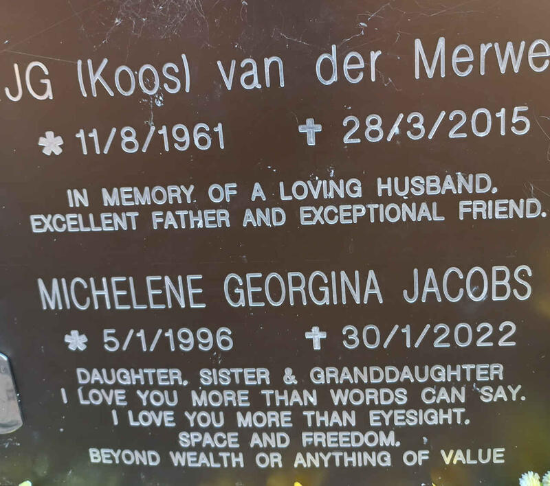 MERWE J.G., van der 1961-2015 :: JACOBS Michelene Georgina 1996-2022