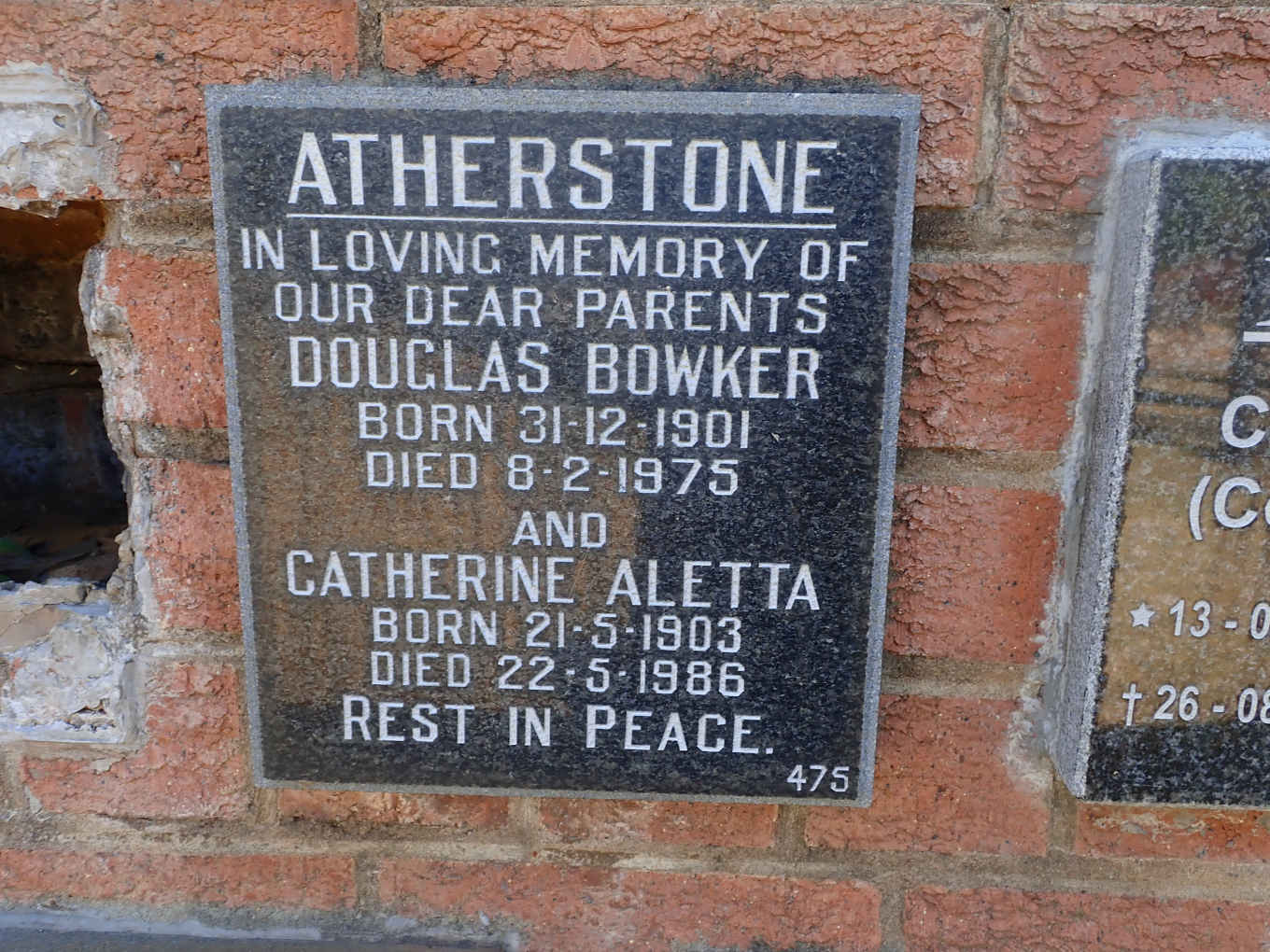 ATHERSTONE Douglas Bowker 1901-1975 & Catherine Aletta 1903-1986