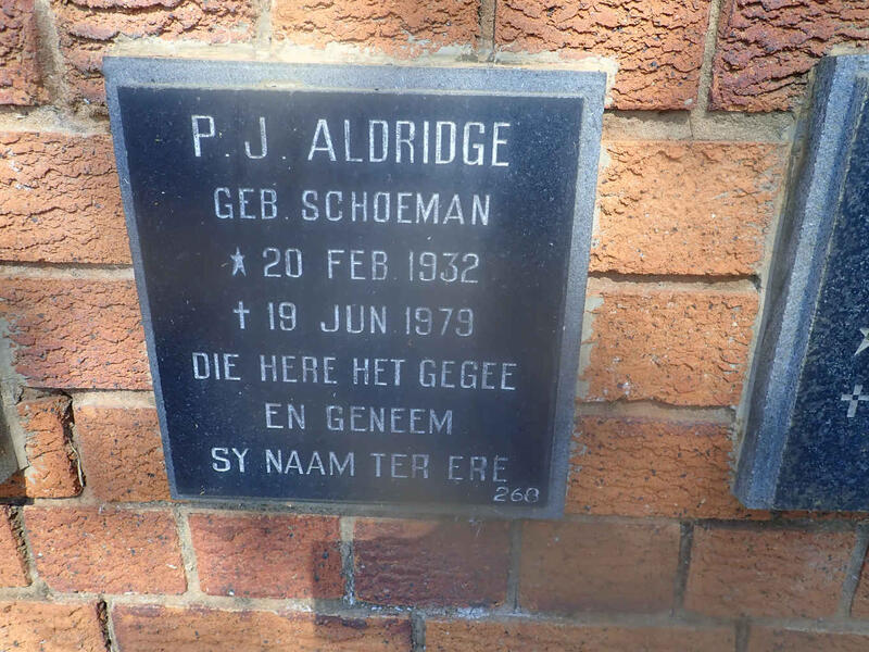 ALDRIDGE P.J. nee SCHOEMAN 1932-1979