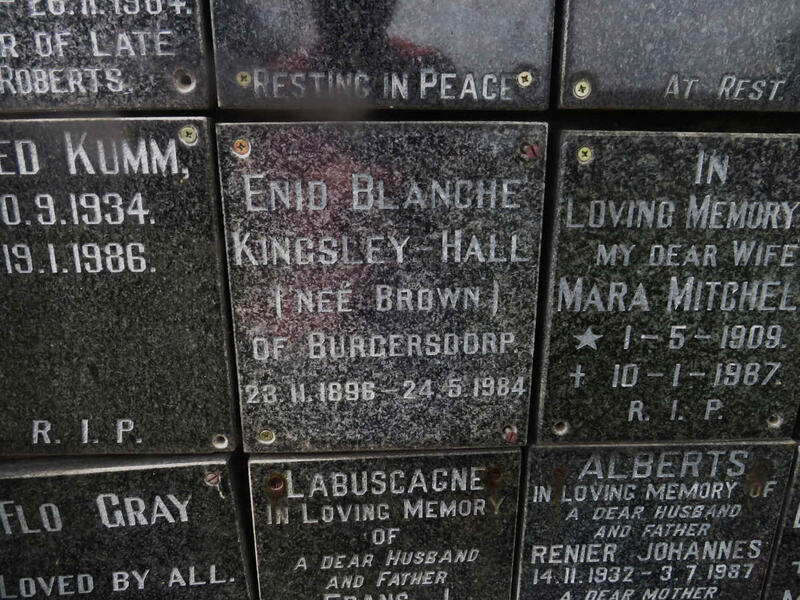 HALL Enid Blanche KINGSLEY-, nee BROWN 1896-1984