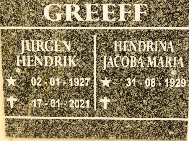 GREEFF Jurgen Hendrik 1927-2021 & Hendrina Jacoba Maria 1929-