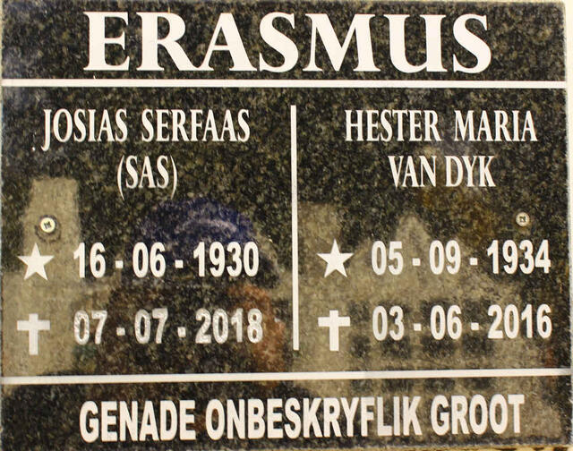 ERASMUS Josias Serfaas 1930-2018 & Hester Maria VAN DYK 1934-2016