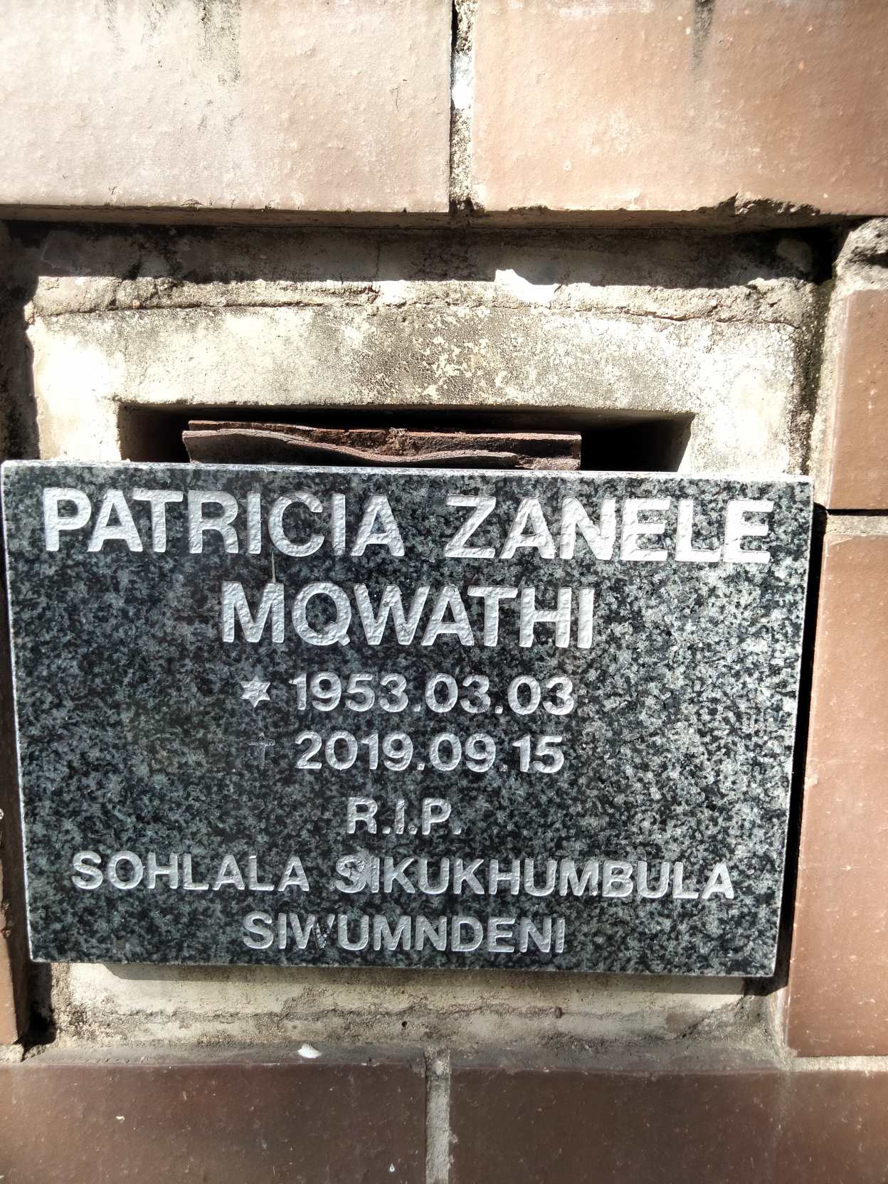 MQWATHI Patricia Zanele 1953-2019