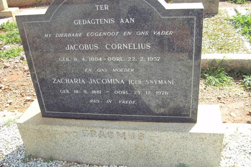 ERASMUS Jacobus Cornelius 1884-1957 & Zacharia Jacomina SNYMAN 1881-1976