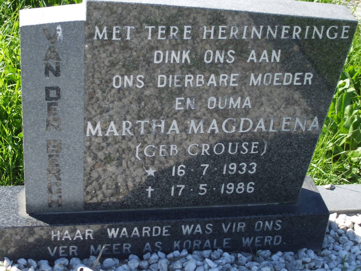 BERGH Martha Magdalena, van der nee CROUSE 1933-1986