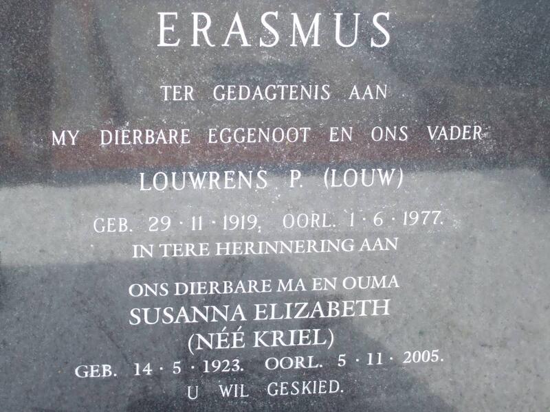 ERASMUS Louwrens P. 1919-1977 & Susanna Elizabeth KRIEL 1923-2005
