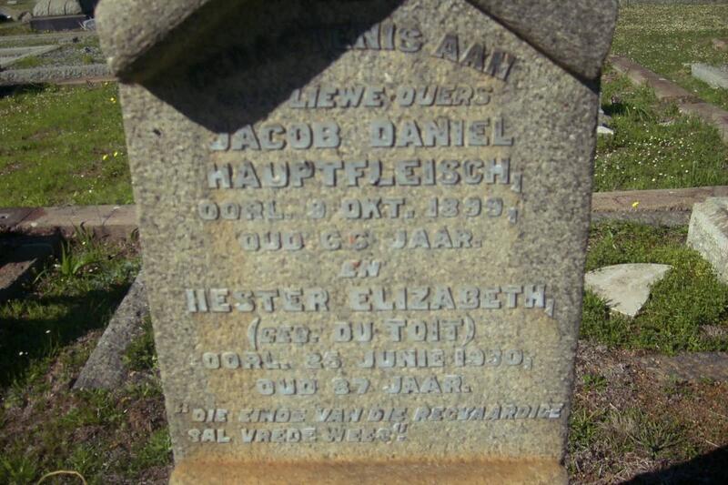 HAUPTFLEISCH Jacob Daniel -1899 & Hester Elizabeth DU TOIT -1930