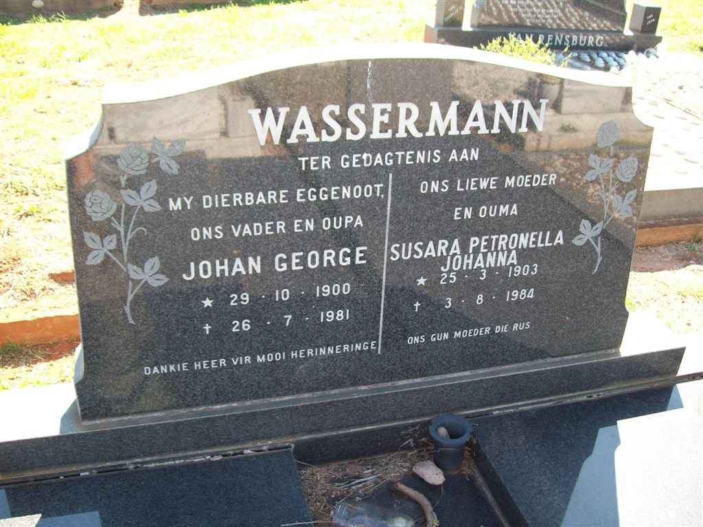WASSERMAN Johan George 1900-1981 & Susara Petronella Johanna 1903-1984