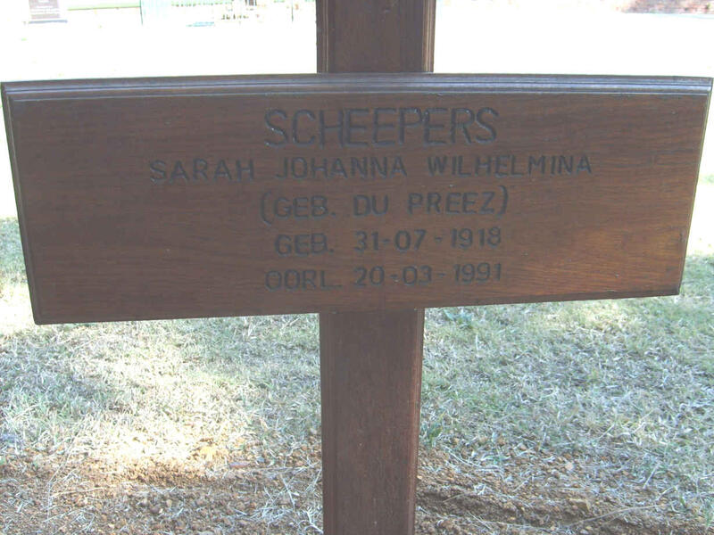 SCHEEPERS Sarah Johanna Wilhelmina nee DU PREEZ 1918-1991