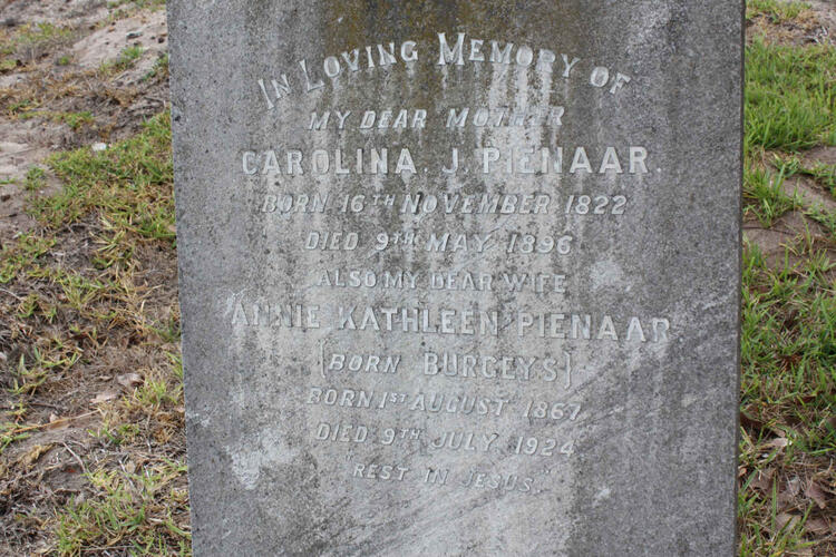 PIENAAR Carolina J. 1822-1896 :: PIENAAR Annie Kathleen nee BURGEYS 1867-1924