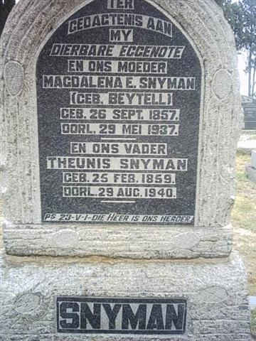 SNYMAN Theunis 1859-1940 & Magdalena E. BEYTELL 1857-1937