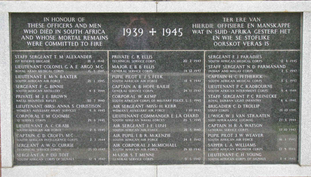 3. Officers and Men who died in South Africa and whose remains were committed to fire 1939-1945