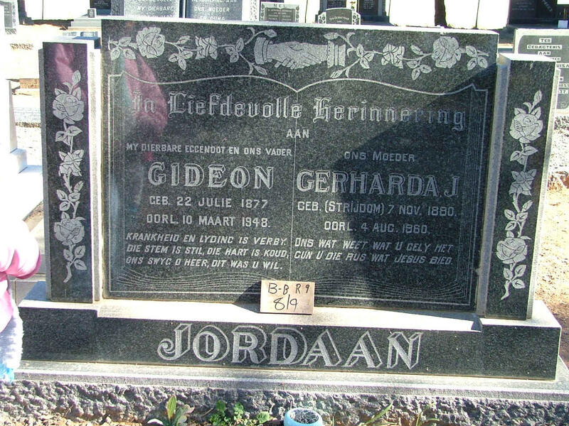 JORDAAN Gideon 1877-1948 & Gerharda J. STRIJDOM 1880-1960