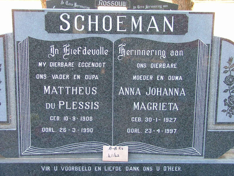 SCHOEMAN Mattheus du Plessis 1908-1990 & Anna Johanna Magrieta 1927-1997