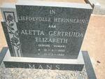 MANS Aletta Gertruida Elizabeth geb. HUMAN 1895-1982