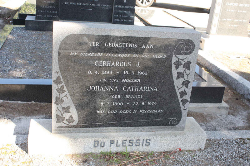 PLESSIS Gerhardus J., du 1893-1962 & Johanna Catharina BRAND 1890-1974