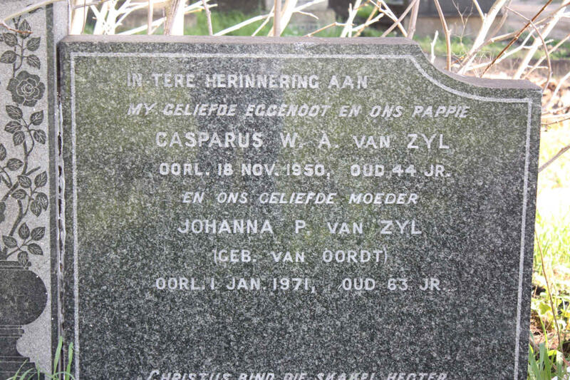 ZYL Casparus W.A., van -1950 & Johanna P. VAN OORDT -1971