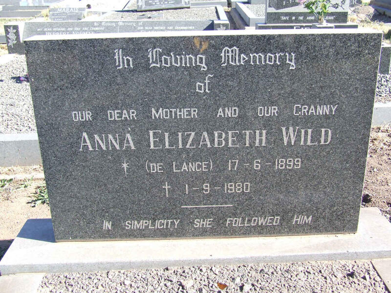 WILD Anna Elizabeth nee DE LANGE 1899-1980