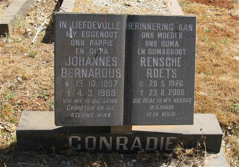CONRADIE Johannes Gerhardus 1807-1988 & Rensche ROETS 1920-2006