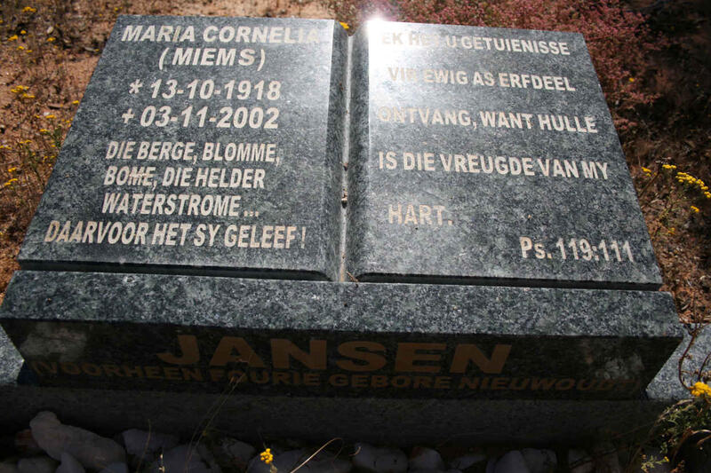 JANSEN Maria Cornelia voorheen FOURIE nee NIEUWOUDT 1918-2002
