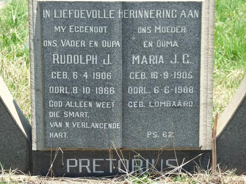 PRETORIUS Rudolph J. 1906-1966 & Maria J.G. LOMBAARD 1905-1988