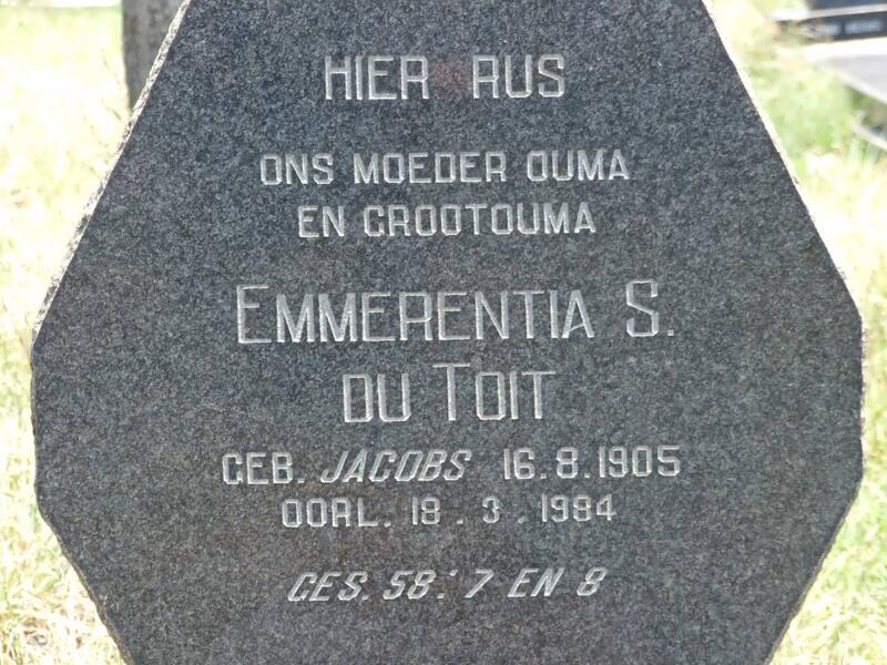 TOIT Emmerentia S., du nee JACOBS 1905-1984