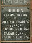 HOBDEN William Charles Vernon 1892-1963 & Sarah Currie 1892-1973