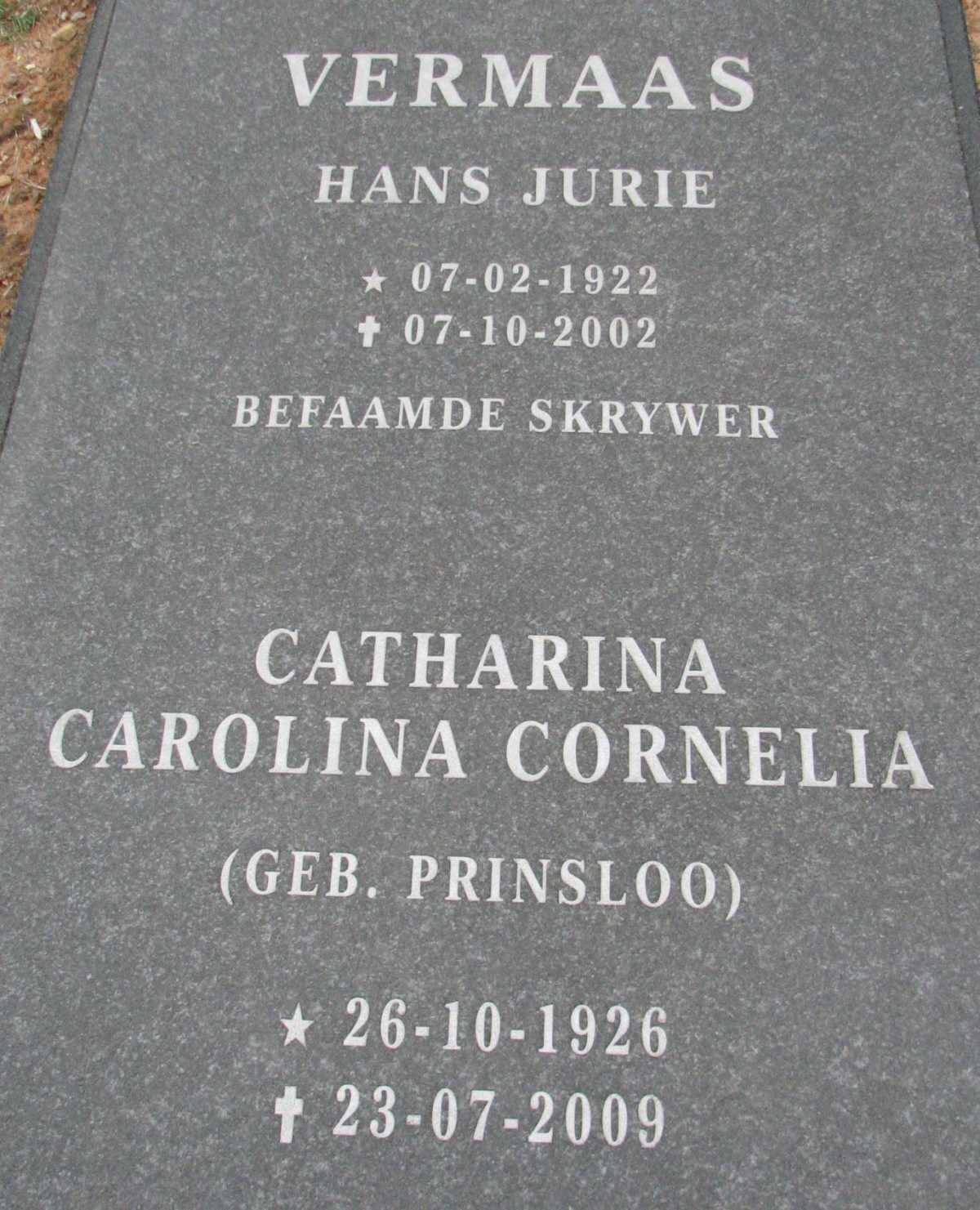 VERMAAS Hans Jurie 1922-2002 & Catharina Carolina Cornelia PRINSLOO 1926-2009