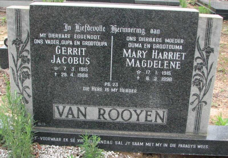 ROOYEN Gerrit Jacobus, van 1915-1986 & Mary Harriet Magdelene 1915-1998