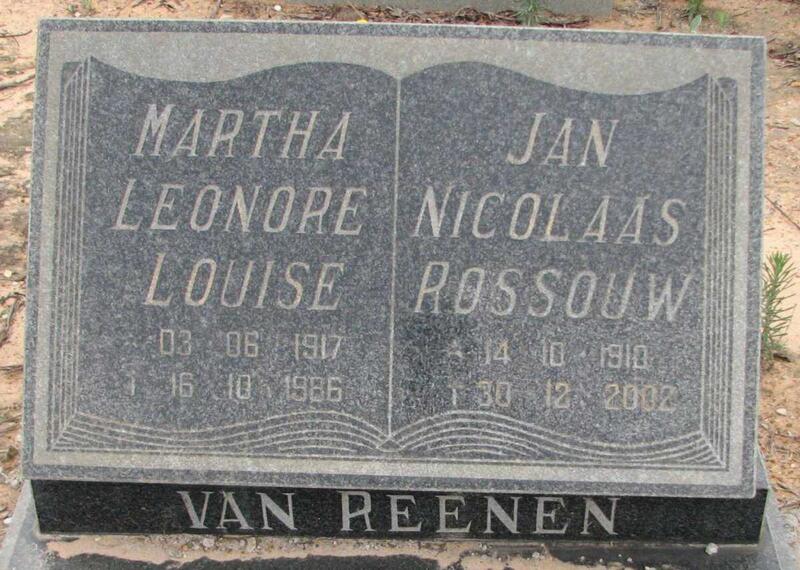 REENEN Jan Nicolaas Rossouw, van 1910-2002 & Martha Leonore Louise 1917-1986