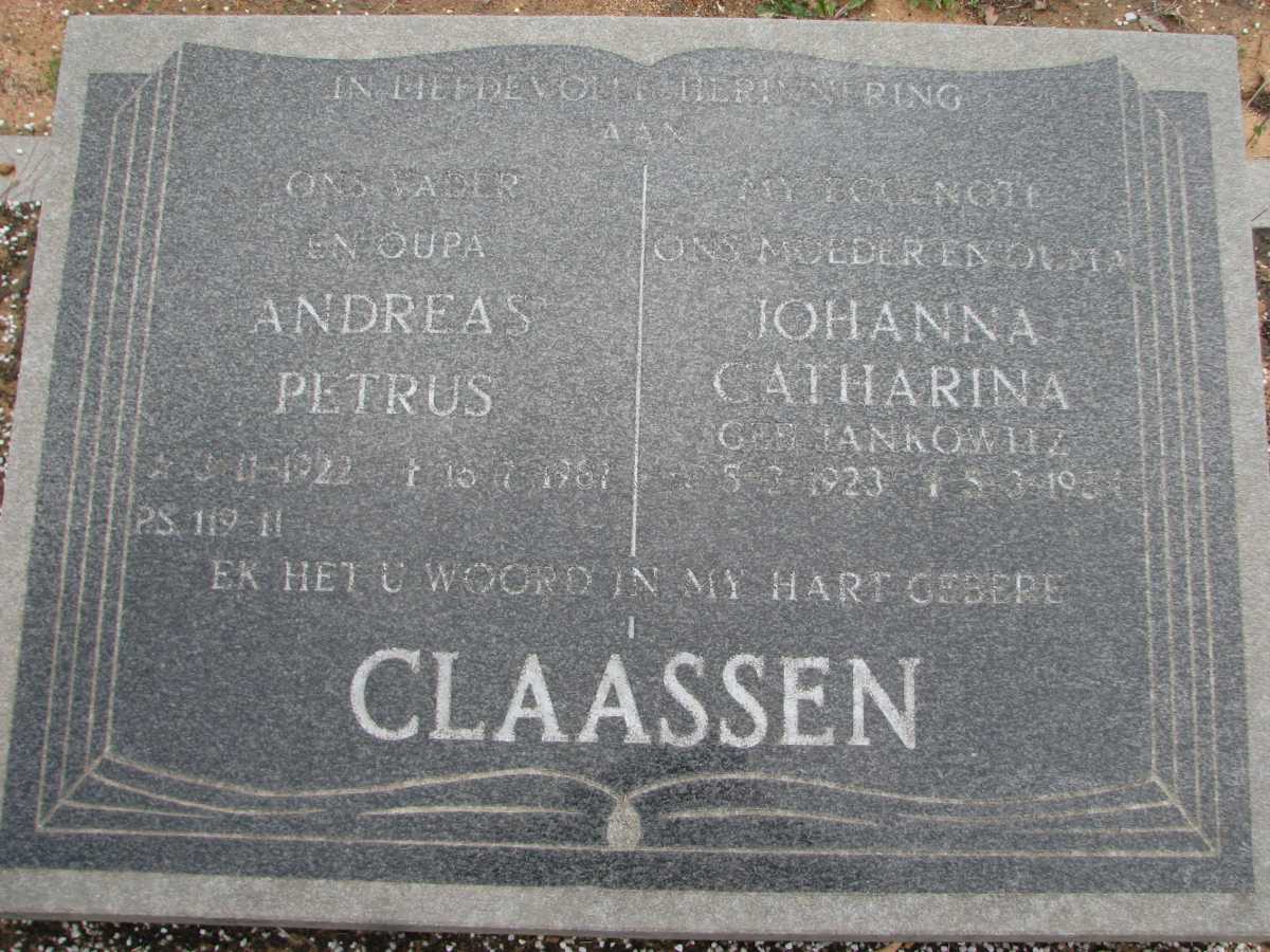 CLAASSEN Andreas Petrus1922-1957 & Johanna Catharina JANKOWITZ 1923-195?