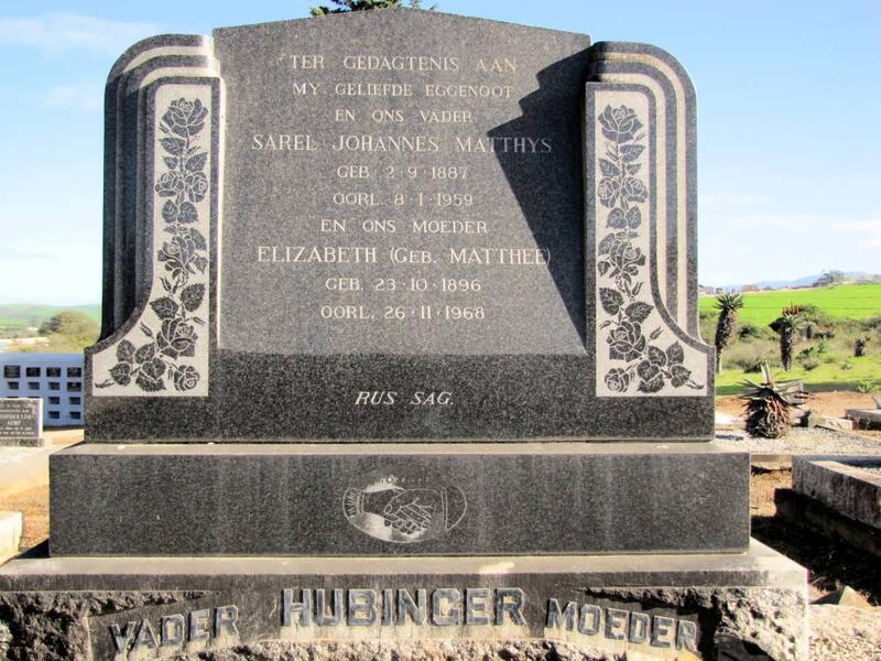HUBINGER Sarel Johannes Matthys 1887-1959 & Elizabeth MATTHEE 1896-1968