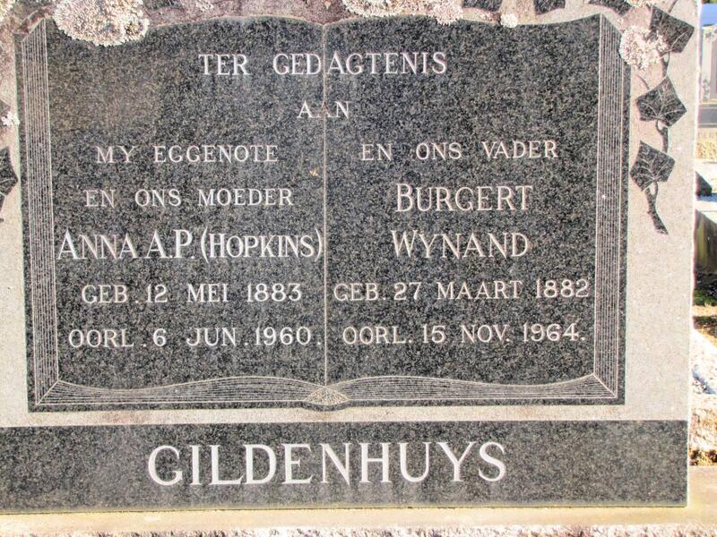 GILDENHUYS Burgert Wynand 1882-1964 & Anna A.P. HOPKINS 1883-1960