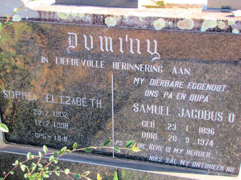 DUMINY Samuel Jacobus 1896-1974 & Sophia Elizabeth 1902-1998