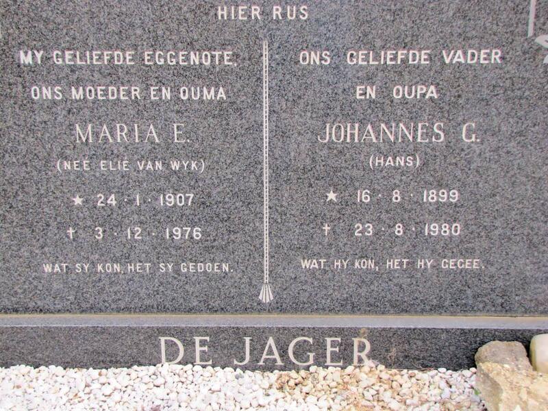JAGER Johannes G., de 1899-1980 & Maria E. van WYK 1907-1976