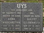 UYS BUGERT Gildenhuis 1927-1997 & Anna Margaretha 1925-1990