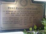 Gauteng, KRUGERSDORP, Ockerse St, West Rand Union Club, WW1 Memorial plaque