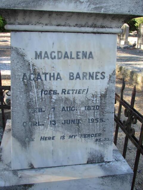 BARNES Magdalena Agatha nee RETIEF 1870-1955