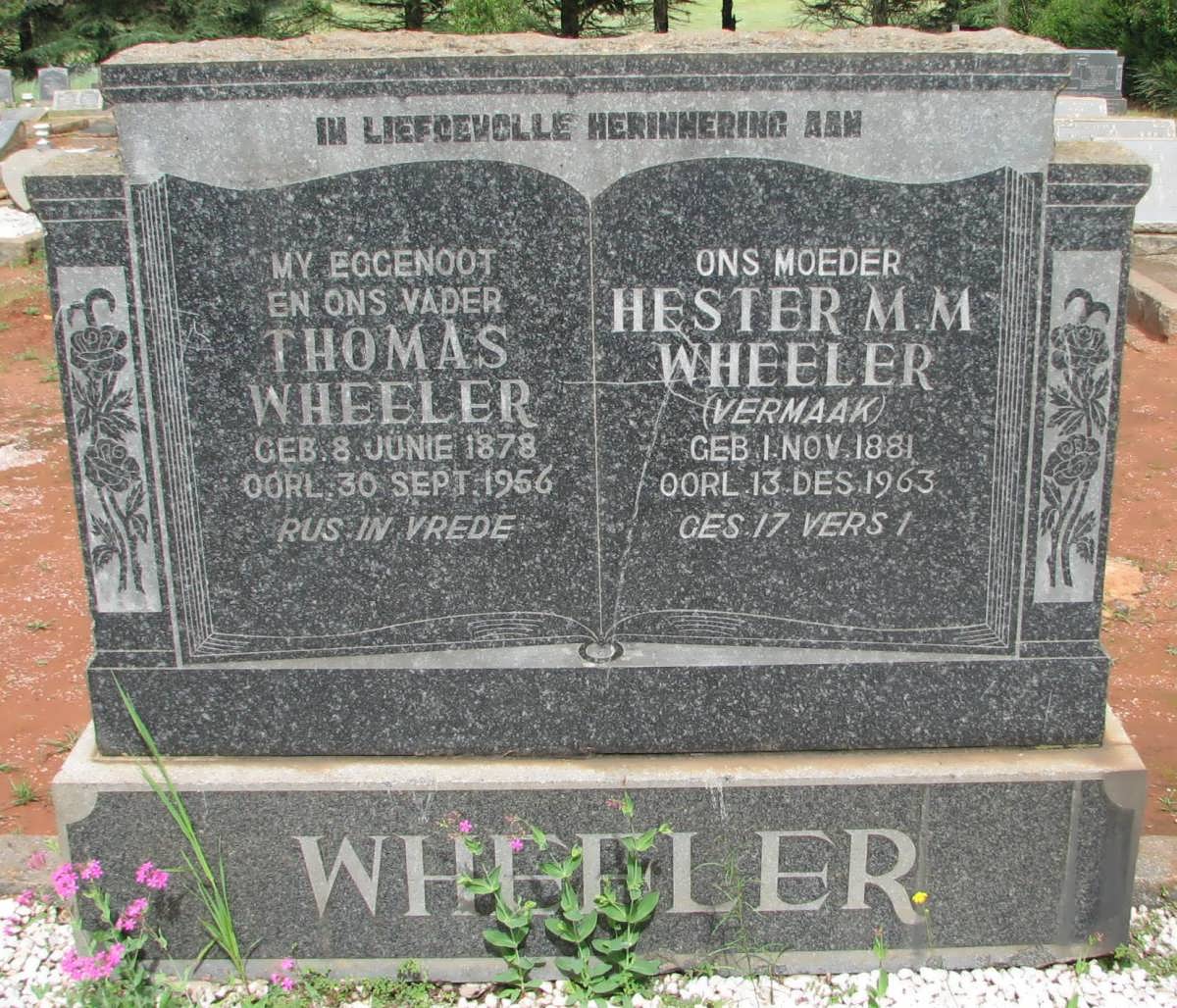 WHEELER Thomas 1878-1956 & Hester M.M. VERMAAK 1881-1963
