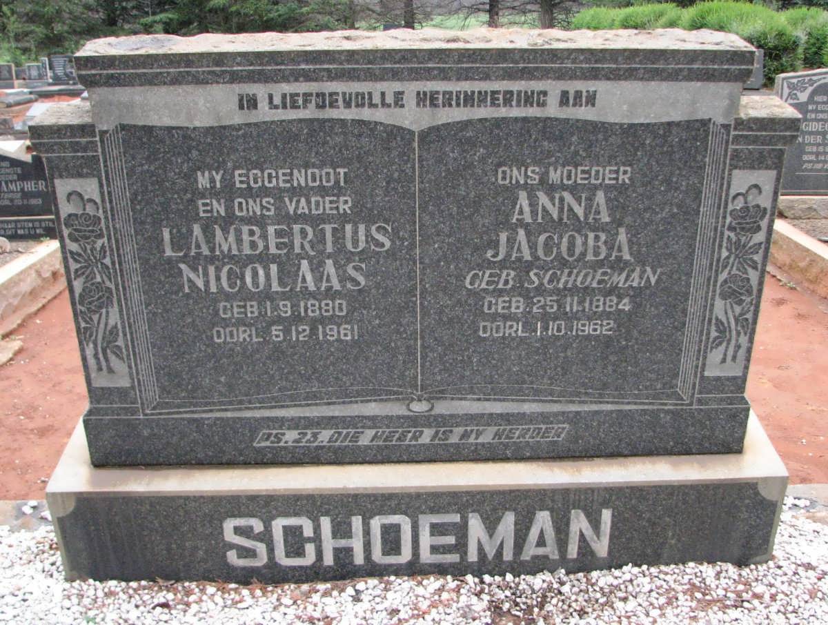 SCHOEMAN Lambertus Nicolaas 1880-1961 & Anna Jacoba SCHOEMAN 1884-1962