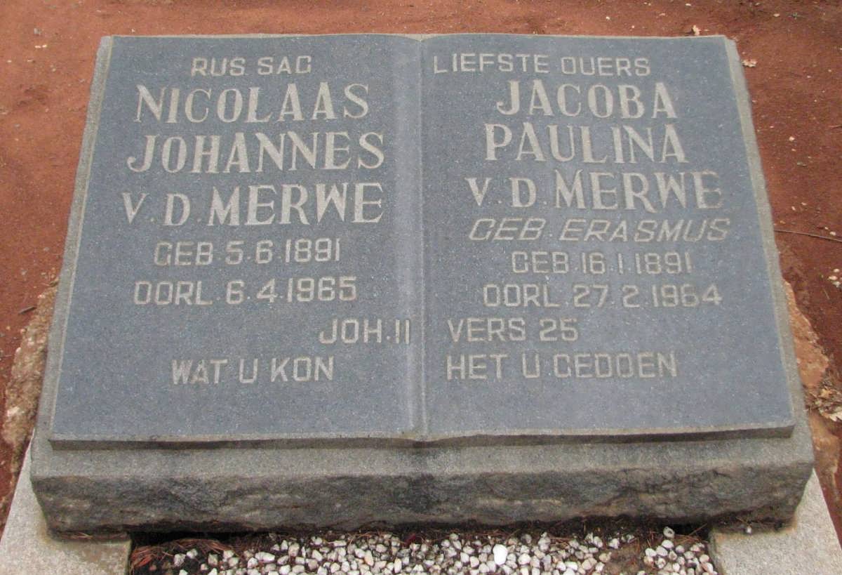 MERWE Nicolaas Johannes, v.d. 1891-1965 & Jacoba Paulina ERASMUS 1891-1964