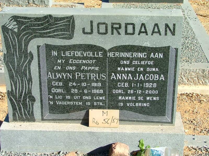 JORDAAN Alwyn Petrus 1919-1969 & Anna Jacoba 1928-2000